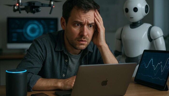 Ilustrasi individu yang frustasi beradaptasi dengan canggihnya teknologi baru di era disrupsi. Ilustrasi gambar. ( Sumber : Copilot )