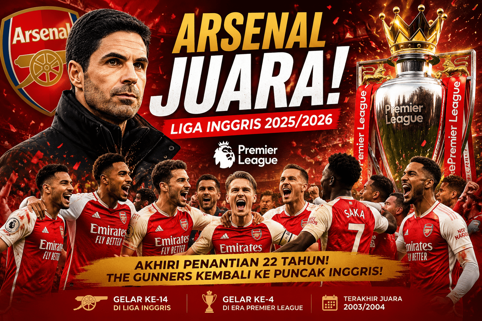 Arsenal Akhirnya Juara! Penantian 22 Tahun Berakhir, City Gagal Selamatkan Musim
