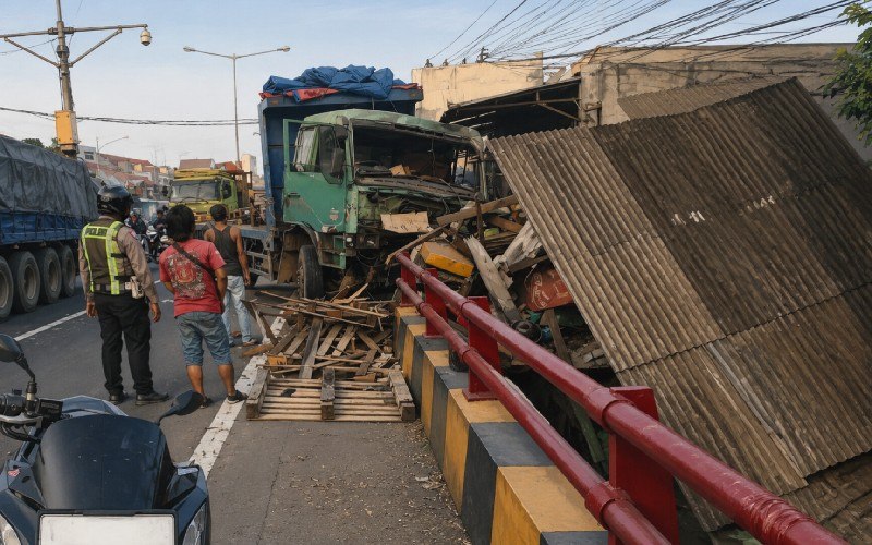 Truk Kontainer Seruduk Rumah dan Warung di Subang, Arus Kendaraan Terganggu